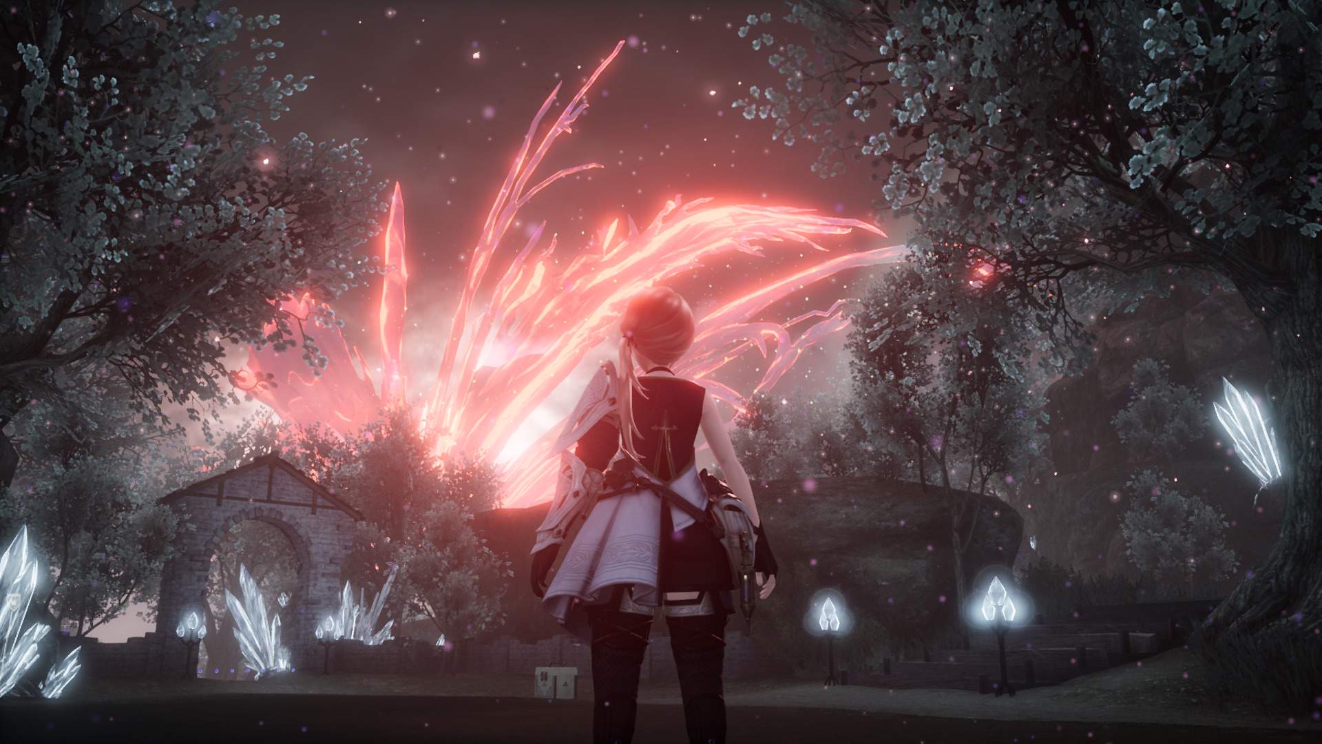 una ragazza assiste a dei fuochi d'artificio nella foresta - nerdface