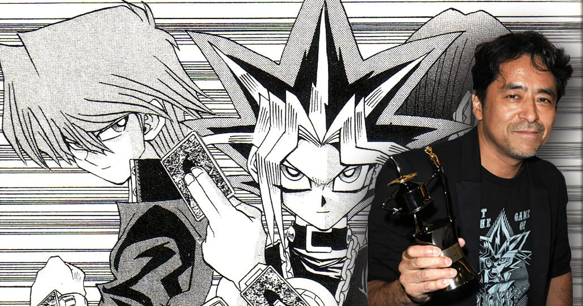 Kazuki Takahashi in un collage insieme a un panel del suo manga yu-gi-oh - nerdface