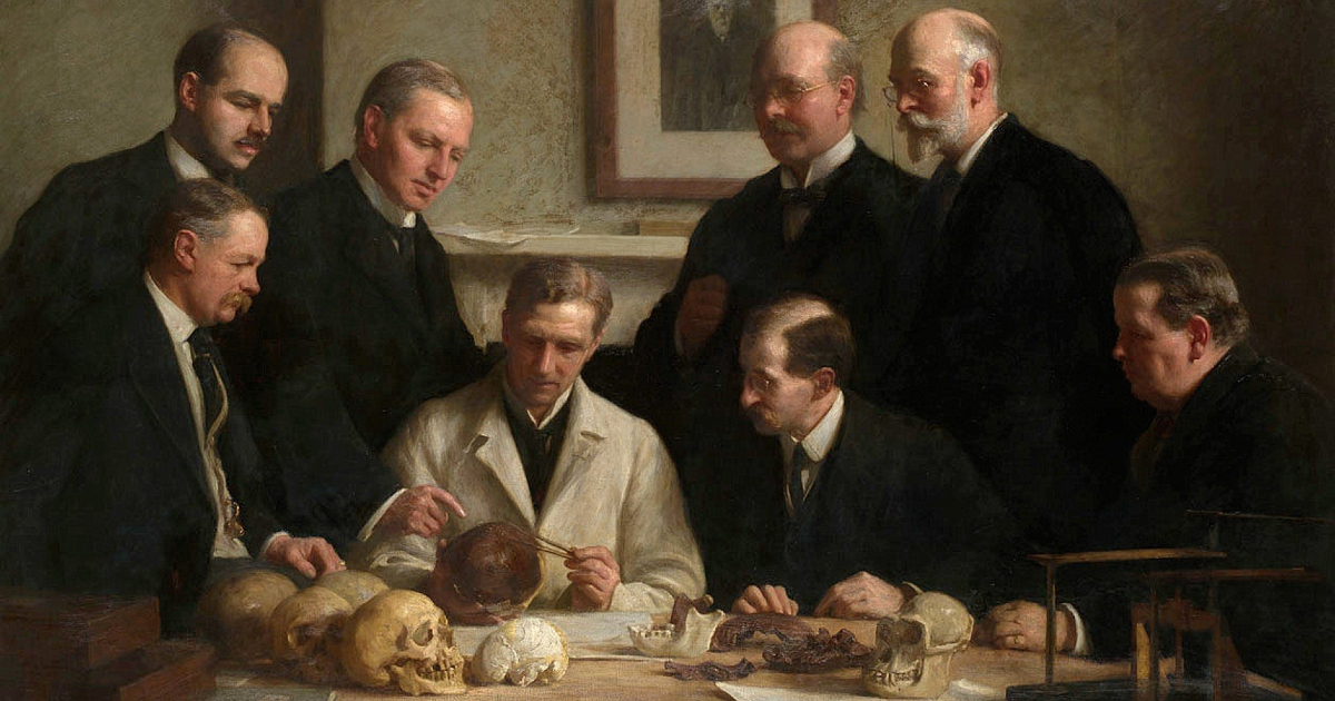 un quadro mostra gli studiosi intorno al cranio dell'uomo di piltdown - nerdface