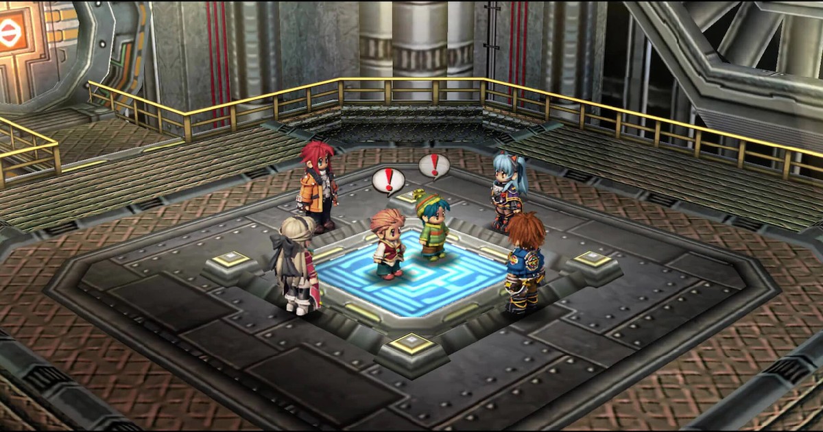 quattro personaggi ne circondano e guardano altri due sopra una piattaforma