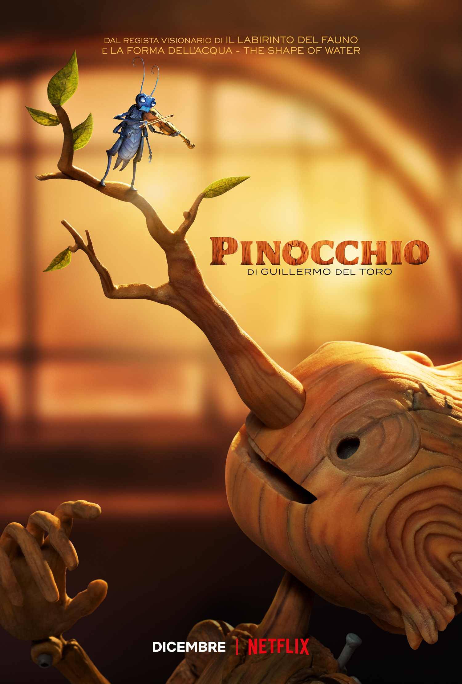 la key art di pinocchio di guillermo del toro vede un uccellino posarsi sul naso di legno del protagonista - nerdface