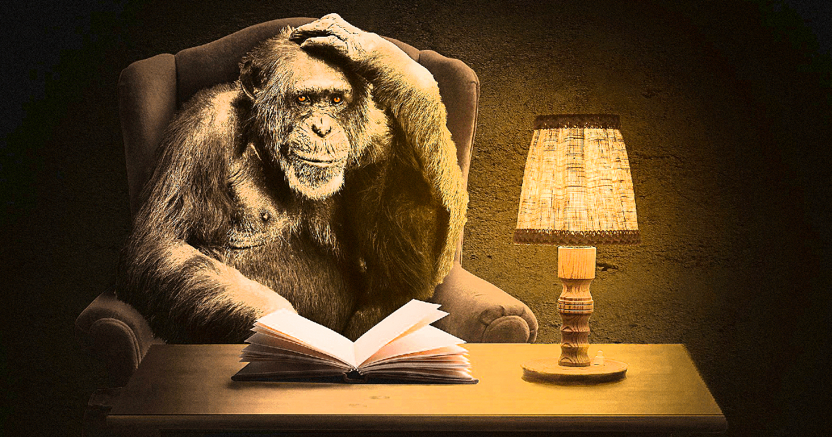 una scimmia legge un libro: sarà l'anello mancante come il presunto uomo di piltdown? - nerdface