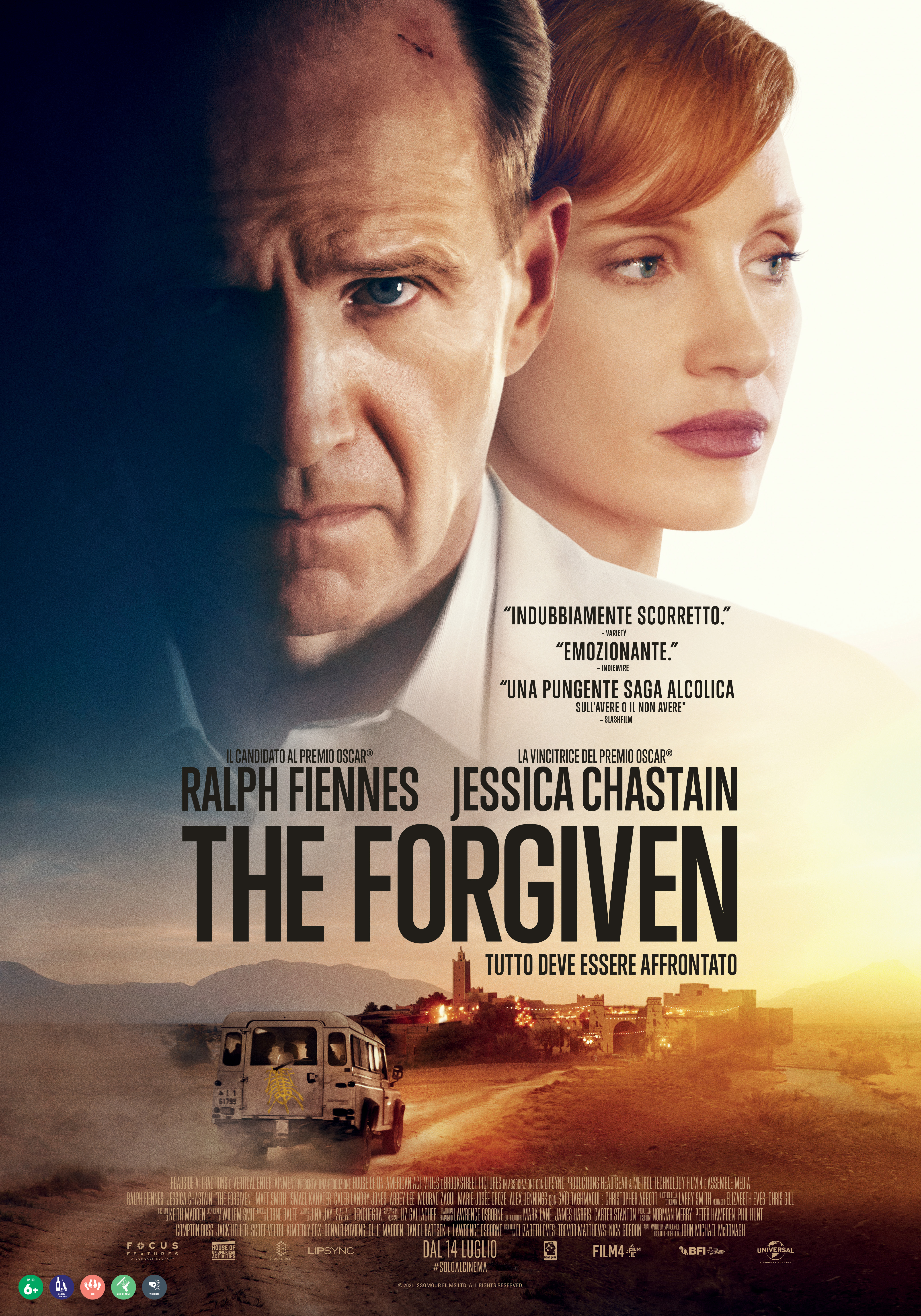 i volti di ralph finnes e jessica chastain al centro del poster di the forgiven - nerdface