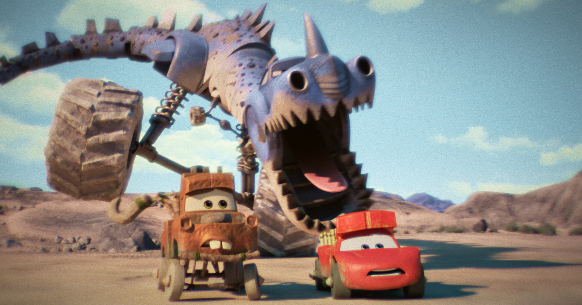 saetta mcqueen e cricchetto fuggono da un dinosauro meccanico in cars on the road - nerdface