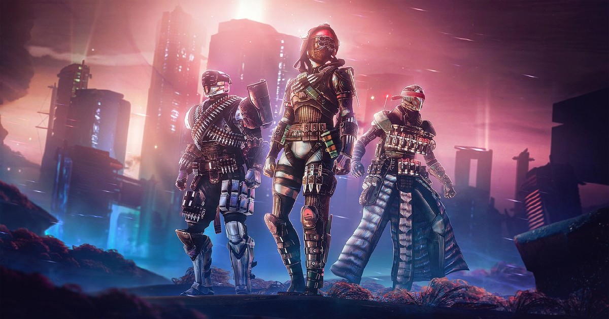 tre personaggi di destiny 2 l'eclissi con sullo sfondo una città in rovina - nerdface