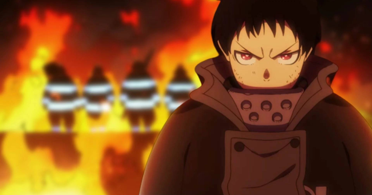 il protagonista di fire force davanti un muro di fiamme - nerdface