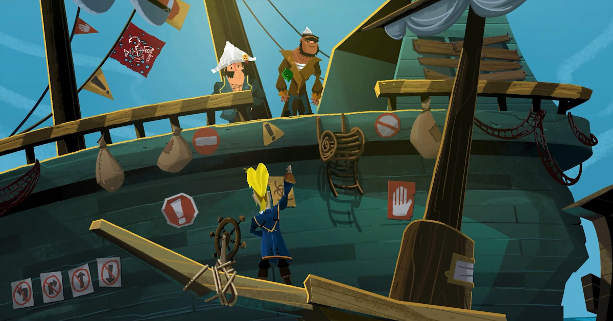 guybrush tenta di salire sulla chiglia di una nave pirata in return to monkey island - nerdface