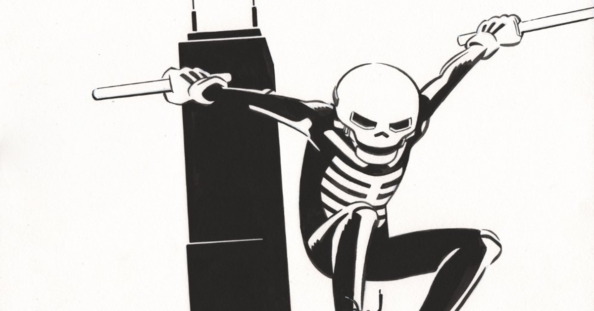skeleton boy salta sui tetti in skulldigger - nerdface