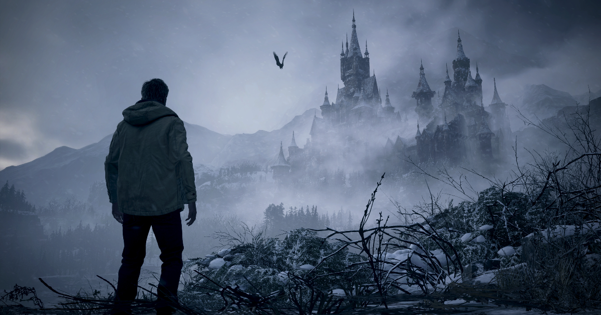 un uomo davanti a una castello immerso nella nebbia in resident evil - nerdface