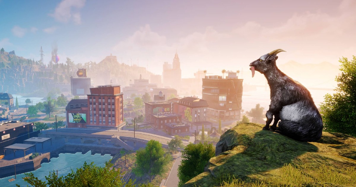 Una capra osserva la città dall'alto di una collina - nerdface