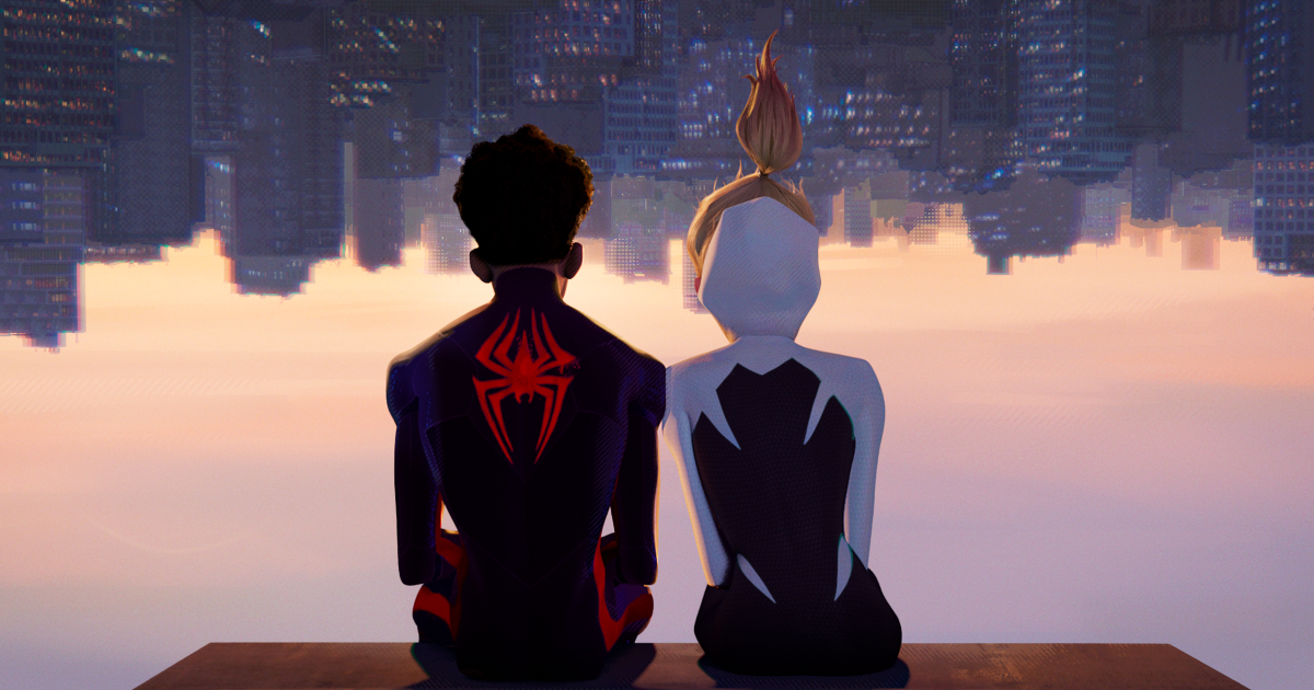 miles morales e gwen stacy a testa in giù in spider-man across the spider-verse - nerdface