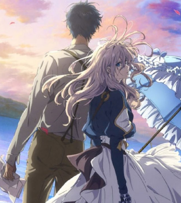 violet evergarden si volta mentre cammina con un uomo e tiene un ombrello - nerdface