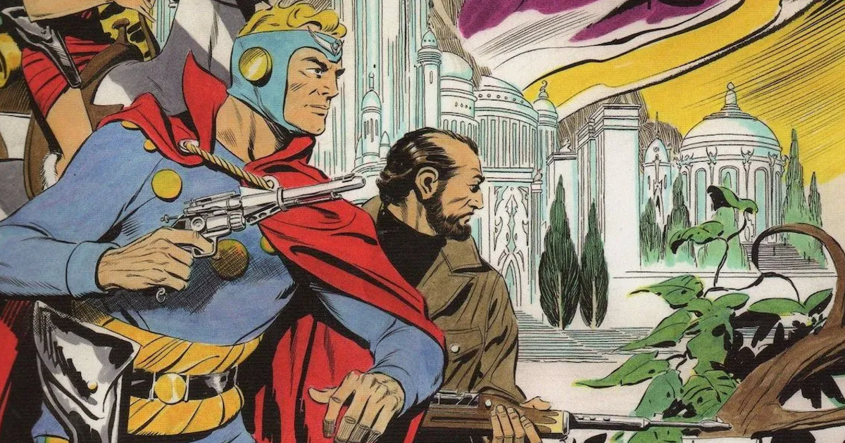 flash gordon con mantello rosso e pistola in mano - nerdface