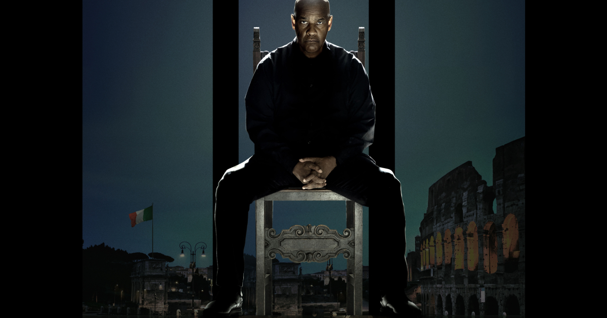 denzel washington seduto su un trovo con sfondo random e pacchiani dell'italia per the equalizer 3 - nerdface