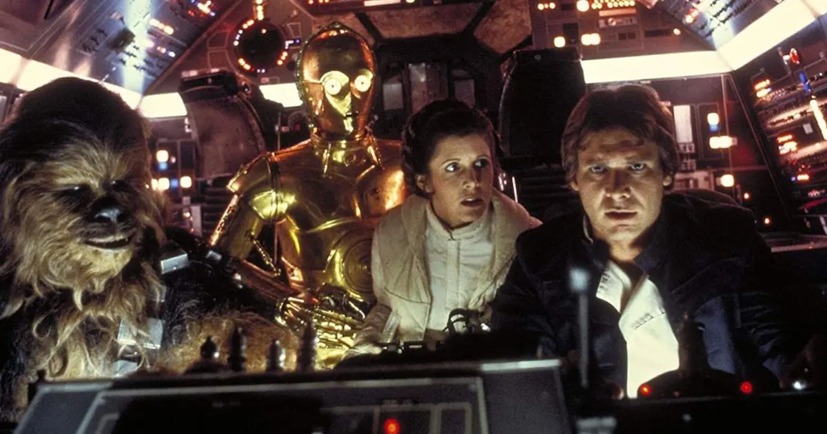 han solo, leia, chewbacca e c3po sono sul millennium falcon ne l'impero colpisce ancora - nerdface