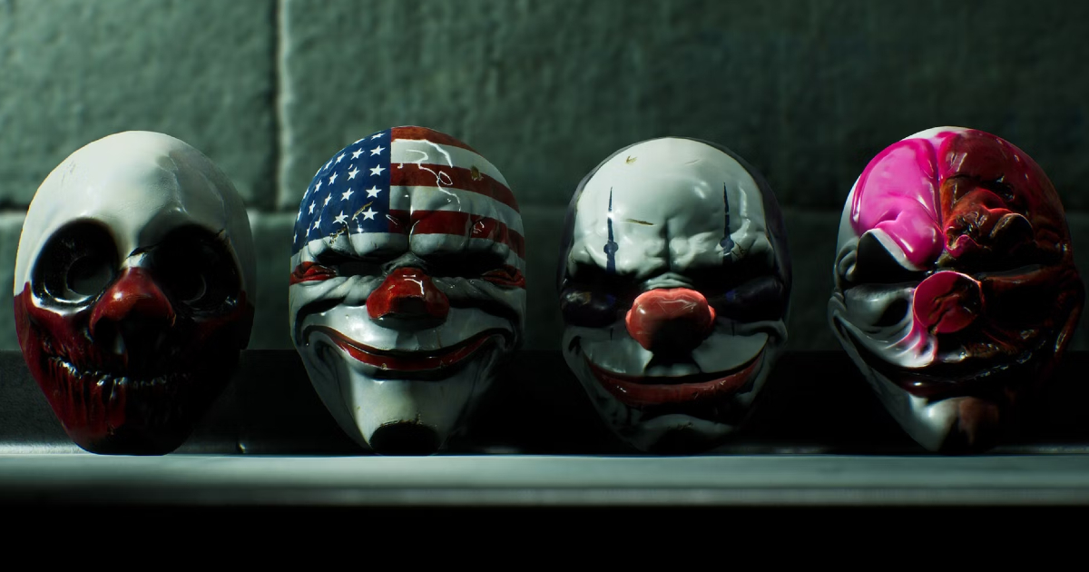 le quattro maschere da clown del trailer di payday 3 - nerdface