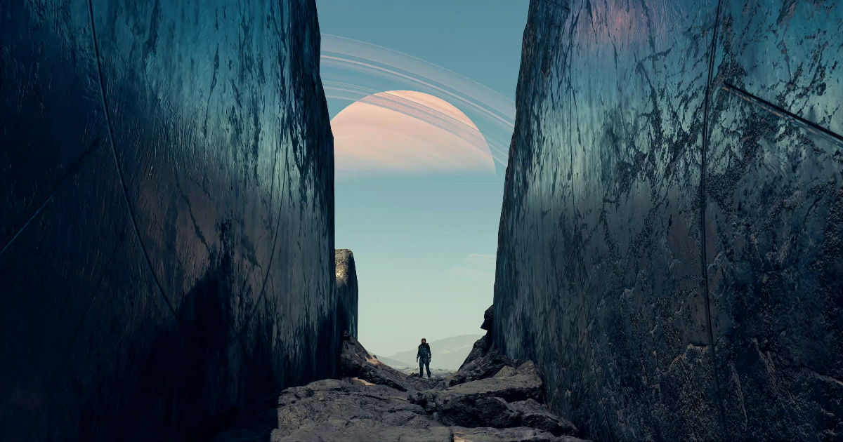 un astronauta osserva il panorama alieno in starfield - nerdface