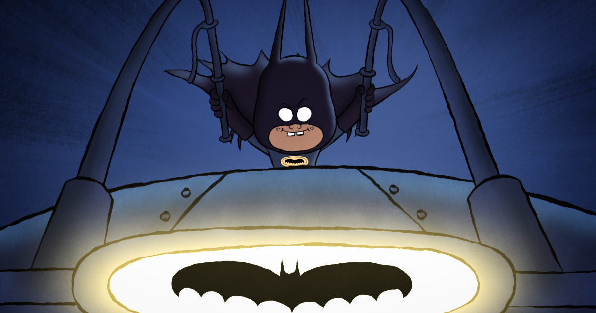 il piccolo batman veleggia sulla moto di papà in merry little batman - nerdface