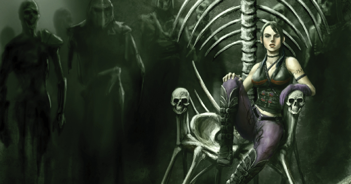 la protagonista di nero elfico siede su un trono d'ossa - nerdface