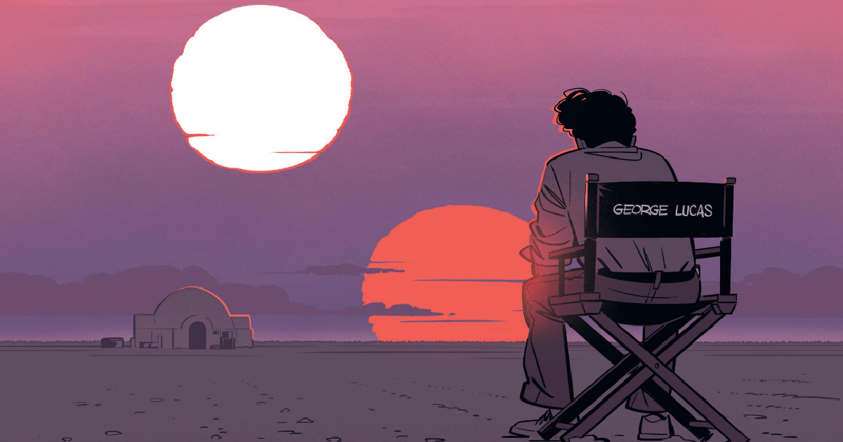 george lucas è seduto davanti il tramonto di tattooine ne le guerre di lucas - nerdface