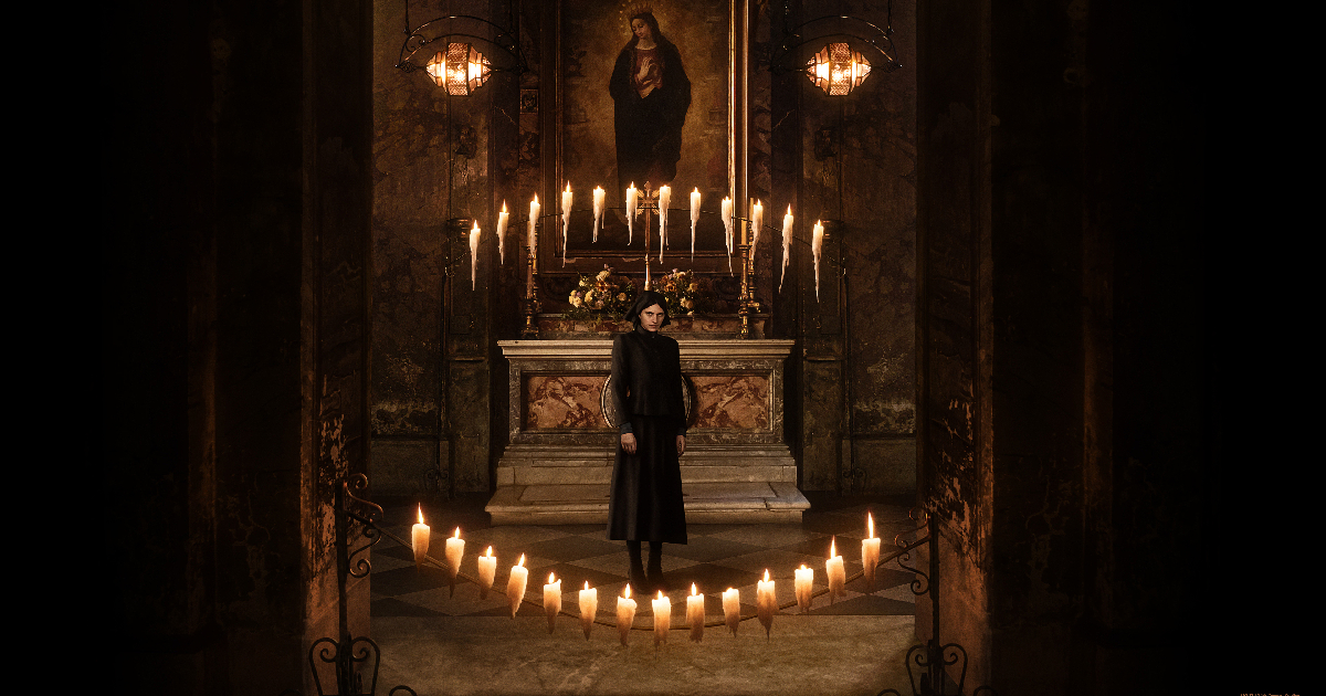 una suora dentro una bocca di candele in omen l'origine del presagio - nerdface