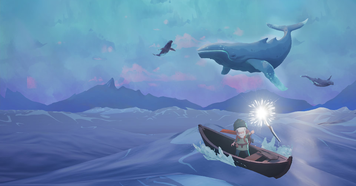 il protagonista di selfloss naviga un mare mentre in cielo volano balene - nerdface