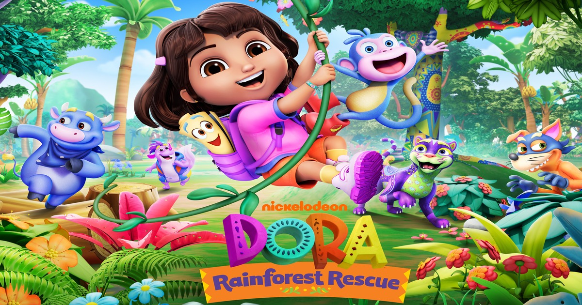 Dora e la sua scimmietta si dondolanoo tra le liane della foresta circondati da animali