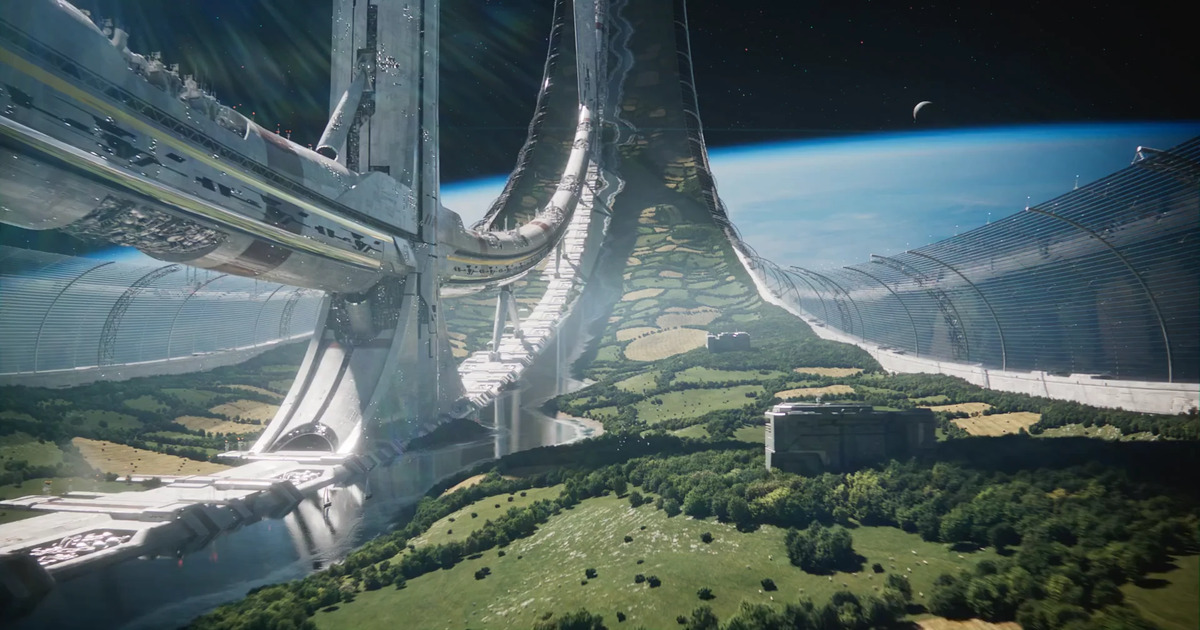 inquadratura di elysium dallo spazio con la terra di sfondo - nerdface
