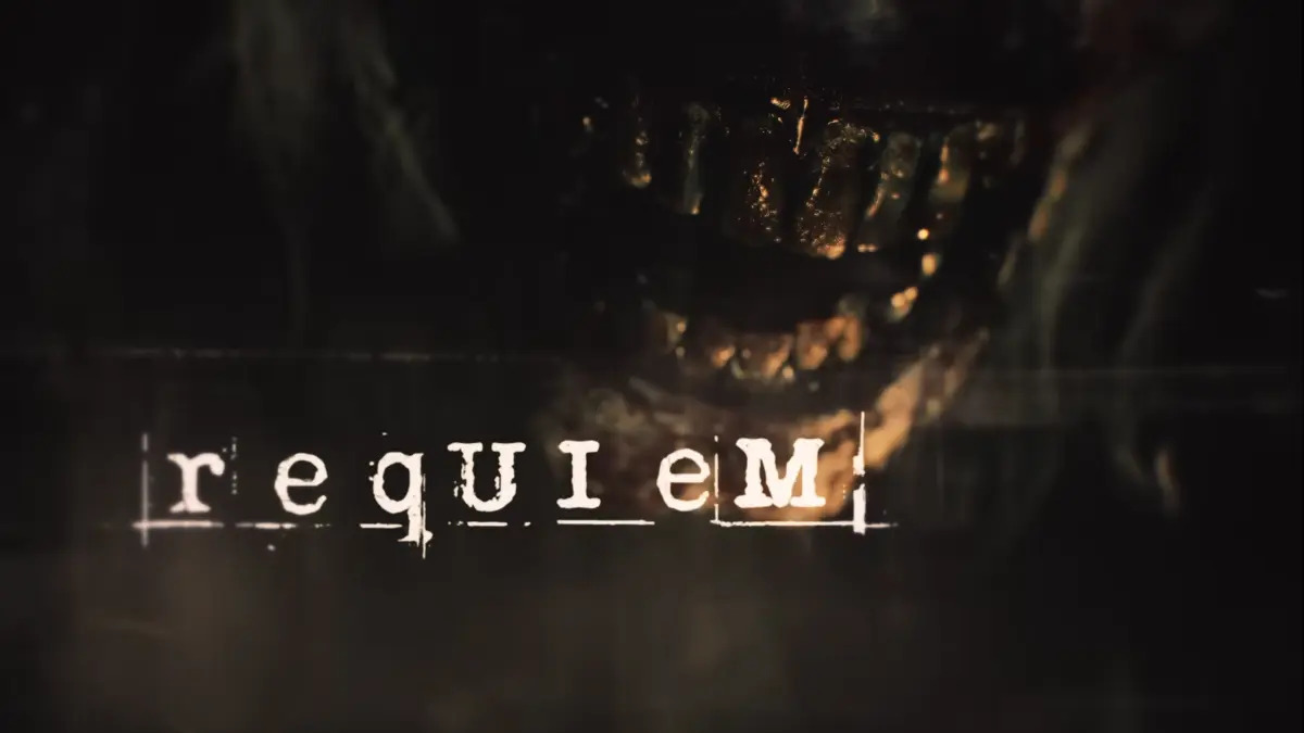 titolo requiem in primo piano con una bocca che fa ribrezzo sullo sfondo - nerdface