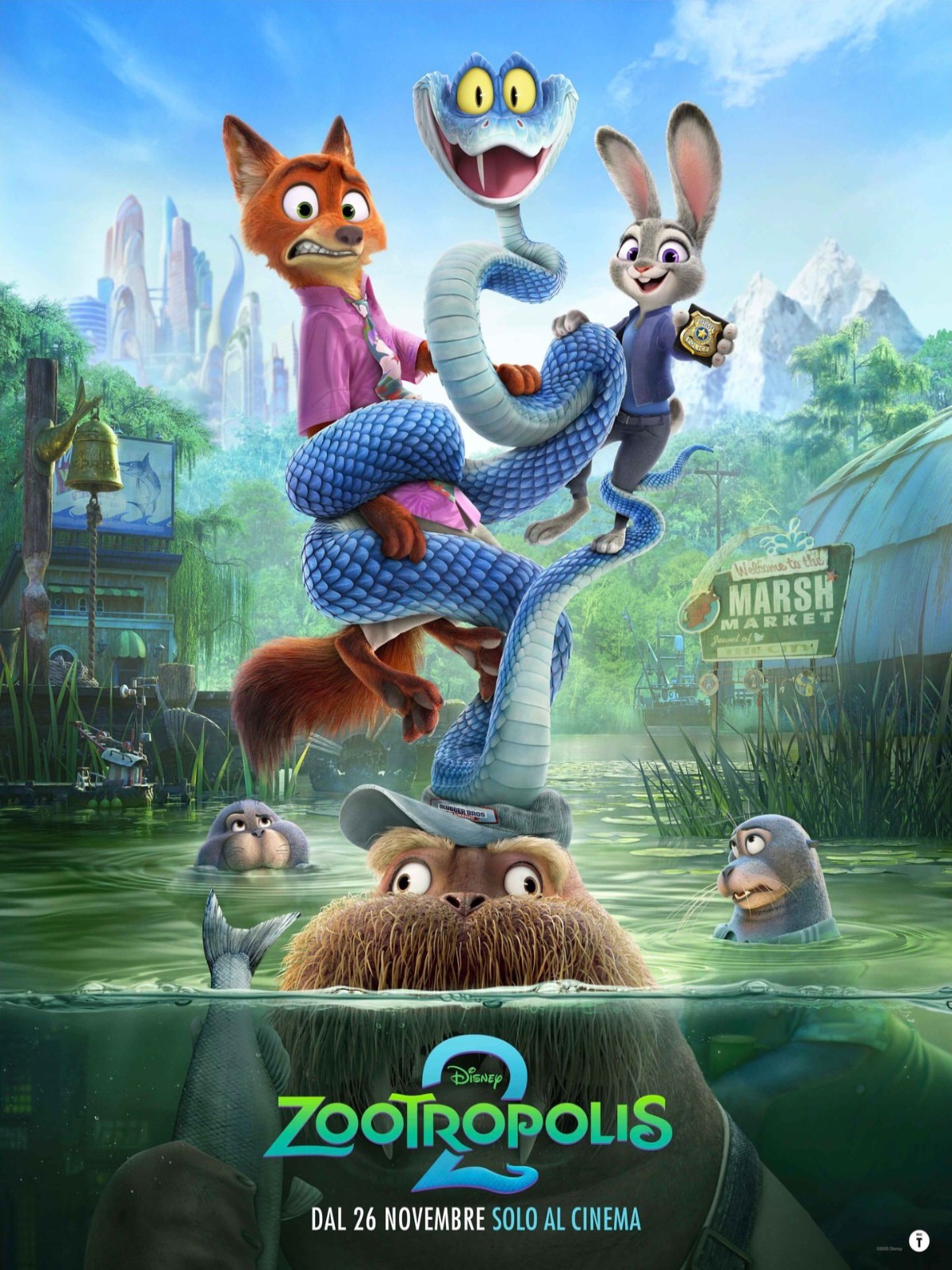 poster di zootropolis 2 nerdface: in primo piano i protagonisti del film, judy, nick e gary il serpente