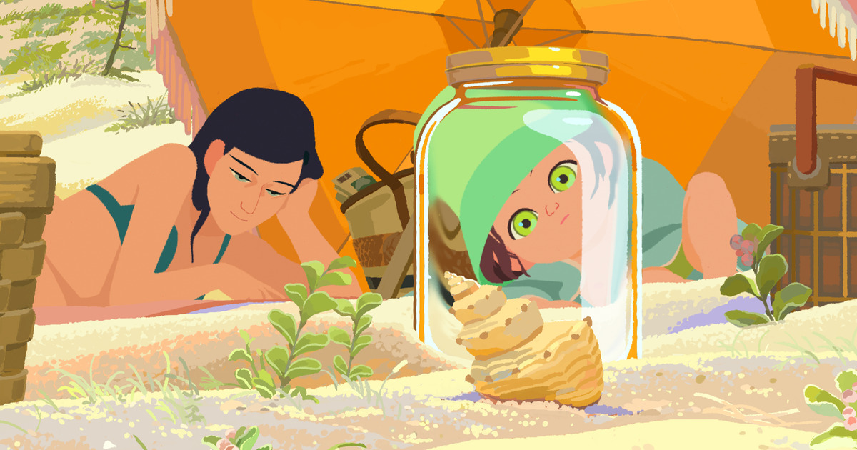 Amélie guarda una conchiglia in un barattolo sulla spiaggia - nerdface