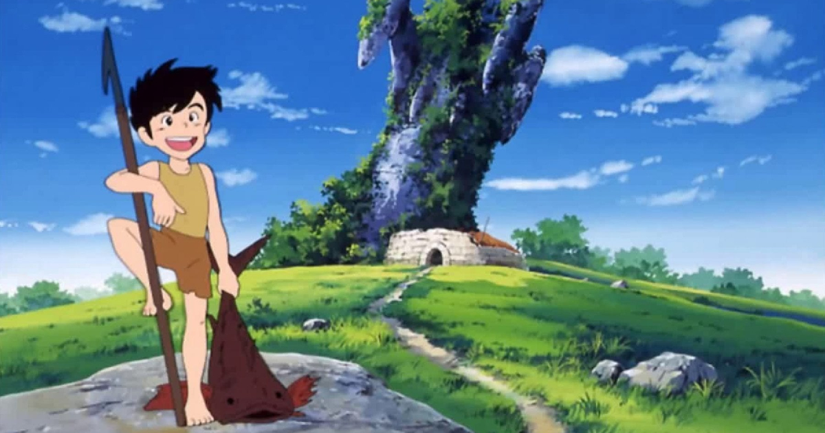 la celebre immagine di conan il ragazzo del futuro accanto alla nave spaziale piantata nel terreno - nerdface