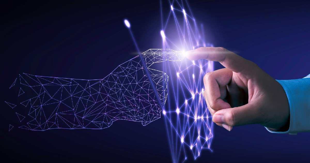 una mano umana tocca il dito di una mano digitale nel metaverso - nerdface
