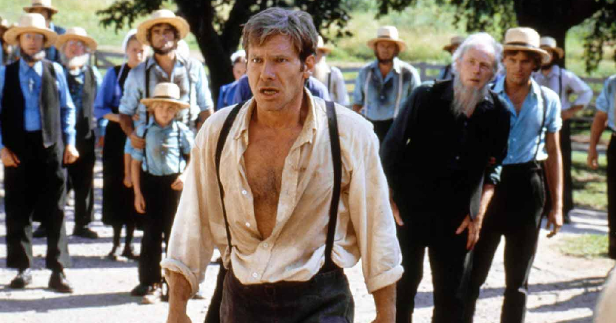 harrison ford appare affaticato e preoccpuato di fronte alla comunità amish di witness il testimone - nerdface