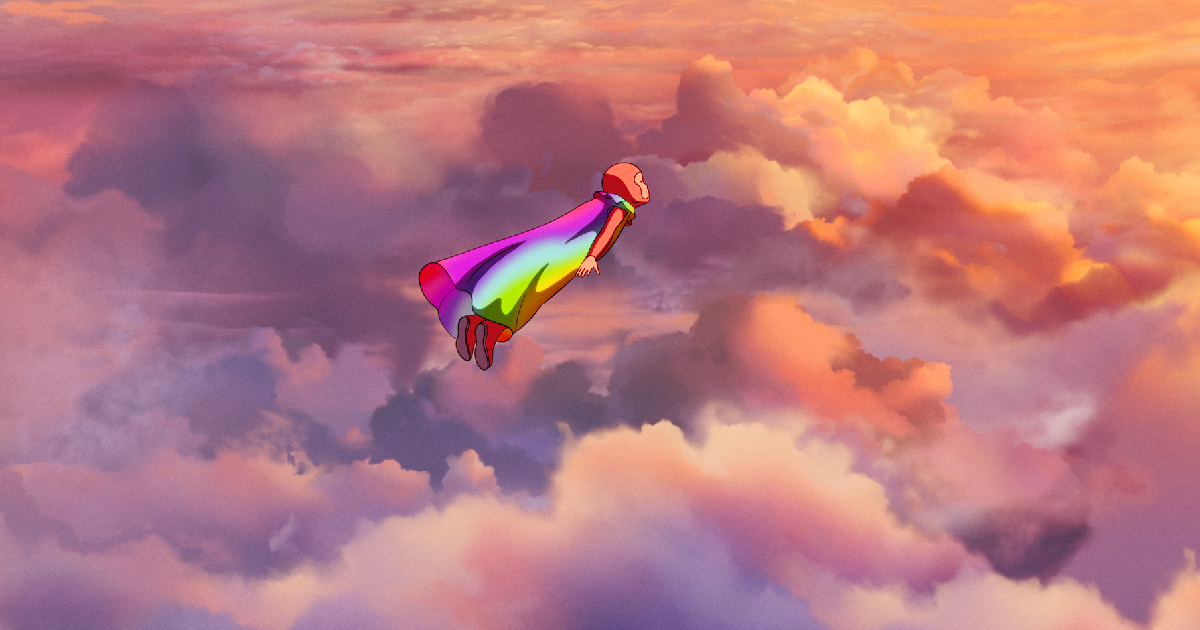 arco è in volo con una tuta arcobaleno nel film un'amicizia per salvare il futuro - nerdface