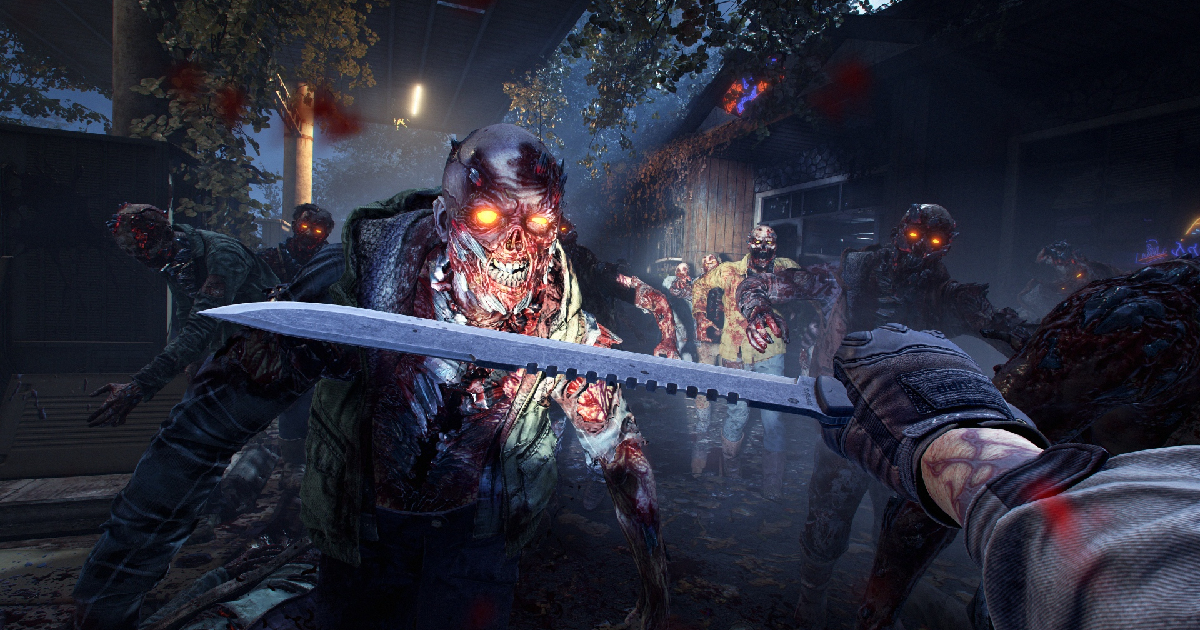 un uomo sfodera il coltello davanti uno zombi in john carpenter's toxic commando - nerdface