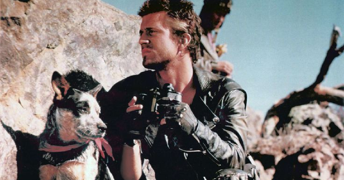 mel gibson in mad max è insieme al suo cane mentre osserva qualcosa al binocolo - nerdface