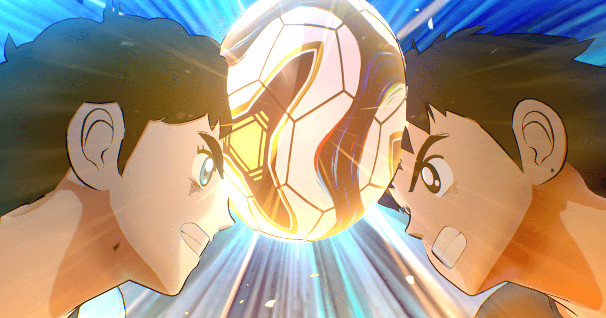 Captain Tsubasa che colpisce di testa un pallone in contemporanea a un suo avversario - nerdface