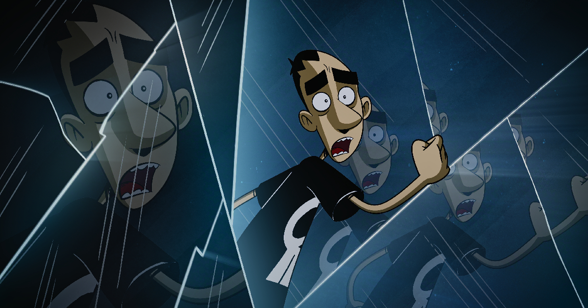 zerocalcare riflesso in molti specchi nella serie netflix due spicci - nerdface