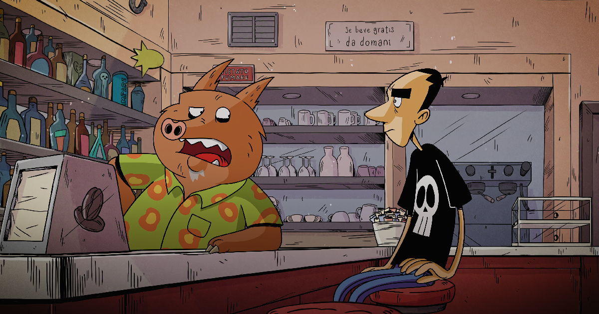 zerocalcare e cinghiale parlano al bar nella serie due spicci - nerdface