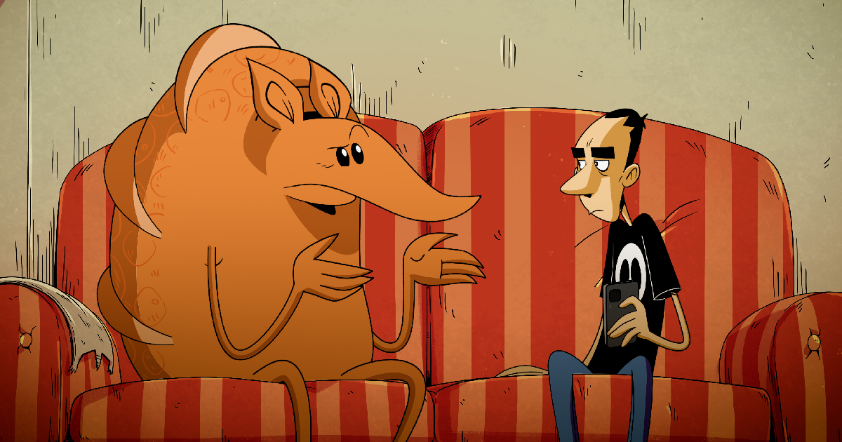 zerocalcare e l'armadillo parlano sul divano nella serie due spicci - nerdface