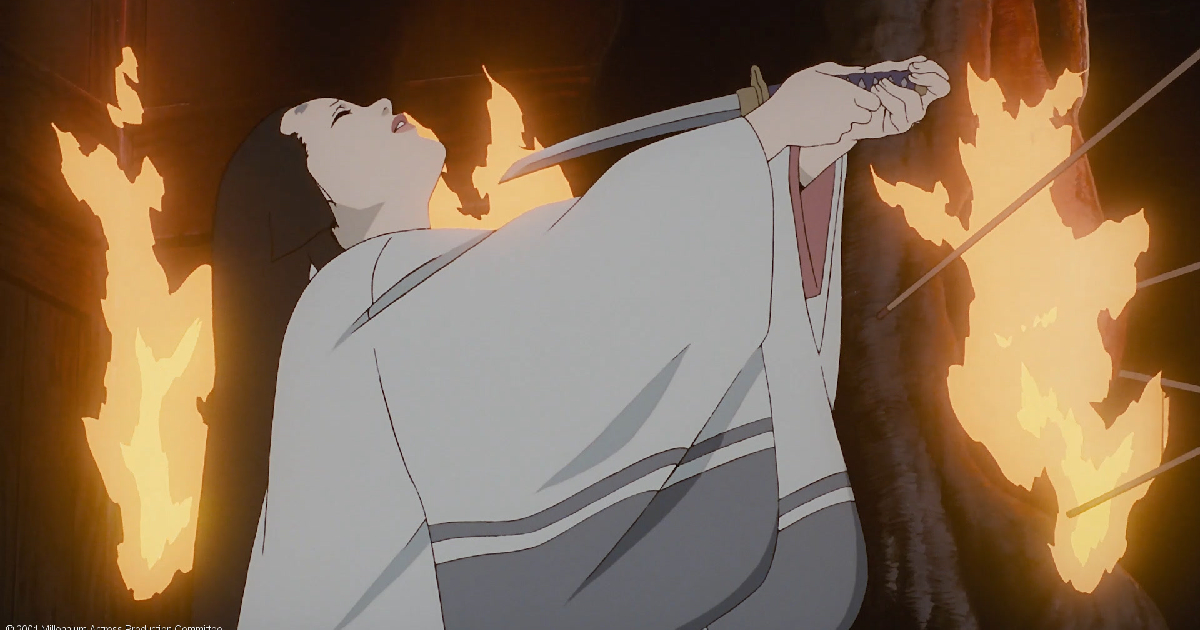 la protagonista di millennium actress punta una katana alla sua gola - nerdface
