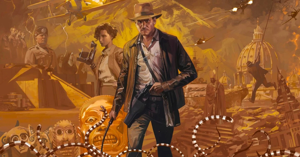 Indiana Jones in primo piano mentre sullo sfondo si alternano le minacce che deve affrontare - nerdface