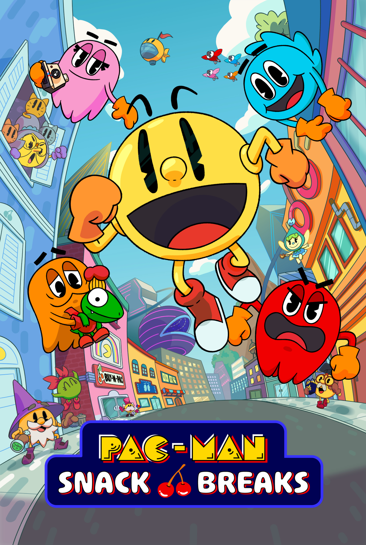 pac-man in stile retrò nel poster della serie animata snack breaks - nerdface