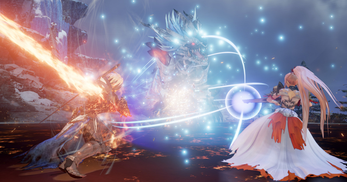 Due dei protagonisti di Tales of Arise si scontrano in battaglia contro una bestia magica - nerdface