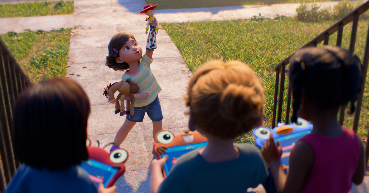 bonnie gioca coi suoi giocattoli mentre le amichette usano il tablet in toy story 5 - nerdface