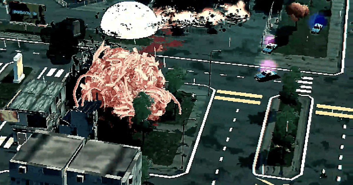 Screenshot di gioco in cui si vede una massa informe muoversi e distruggere la città - nerdface