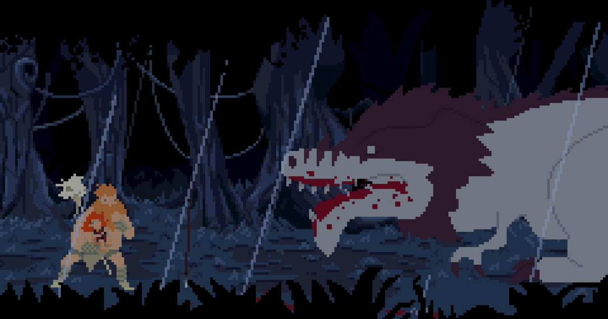 Il protagfonista in combattimento con un dinosauro minaccioso - nerdface