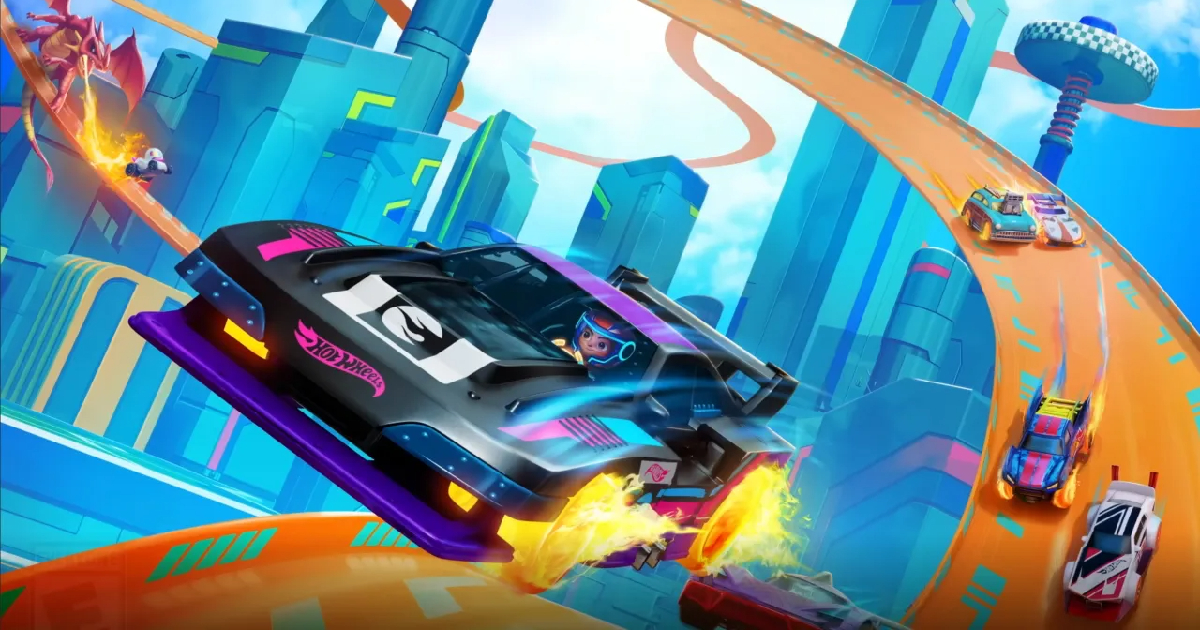 le auto sulla pista arancione di hot wheels let's race ultimate speed - nerdface