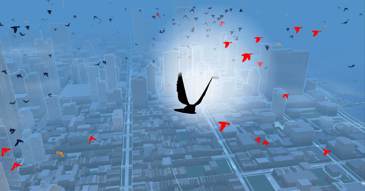 Un piccione sorvola una città a grandezza naturale in Pigeon a love story - nerdface